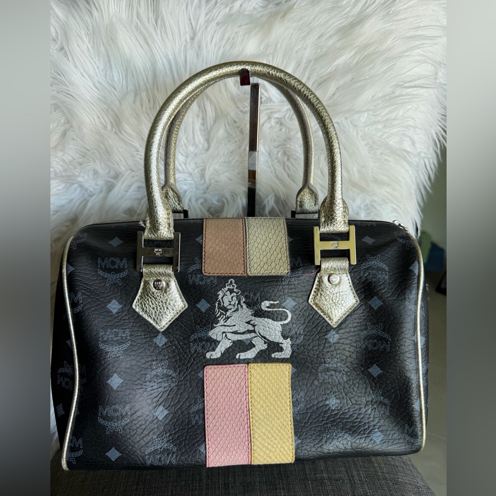 MCM Black Satchel with Pink, Yellow and Gold Accents